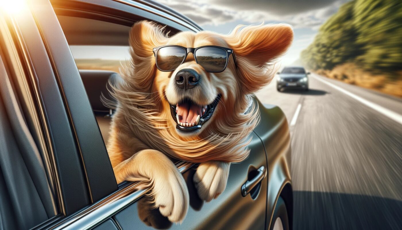 Hund schaut aus fahrendem Auto und trägt eine Sonnenbrille.